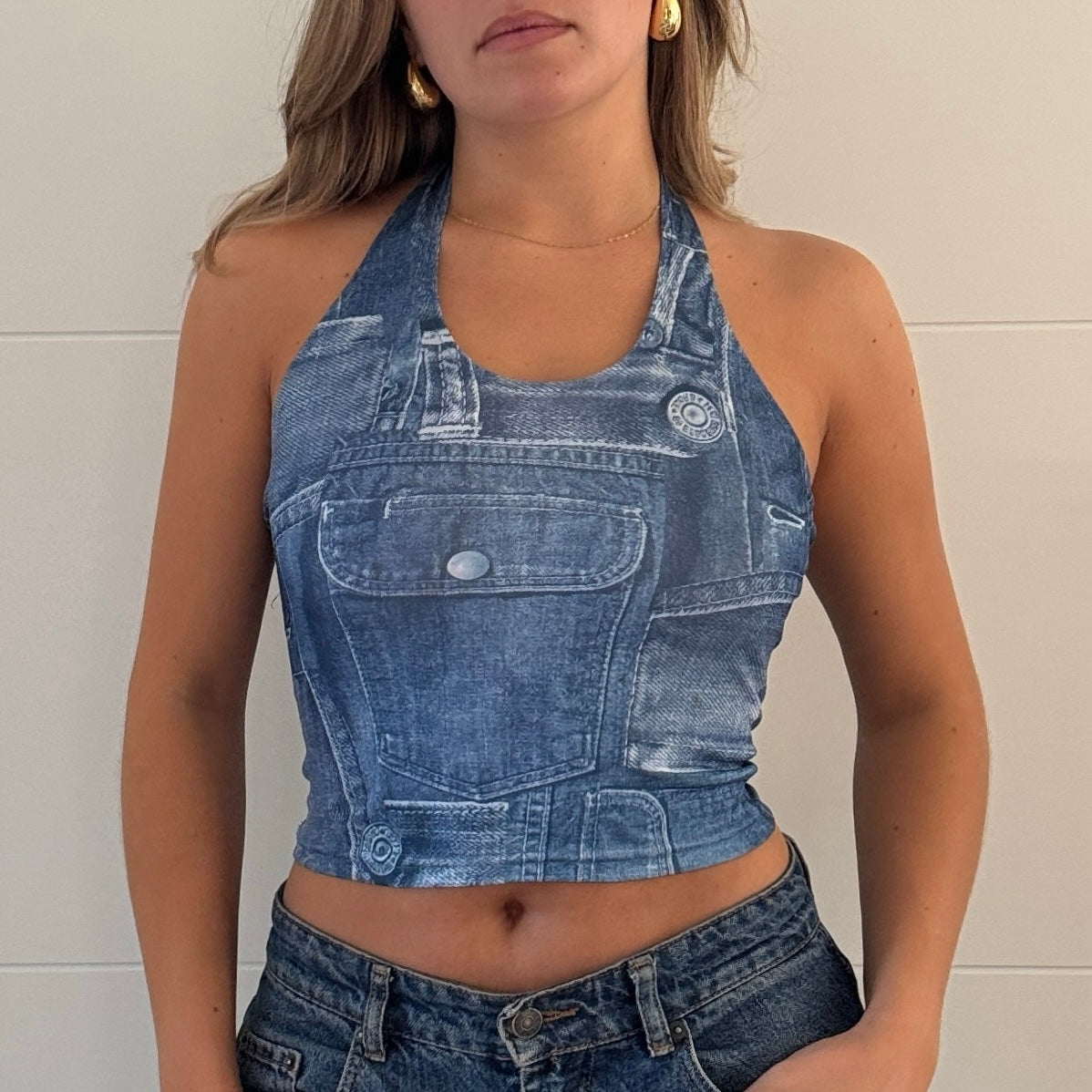 Denim print halter top - Size XS
