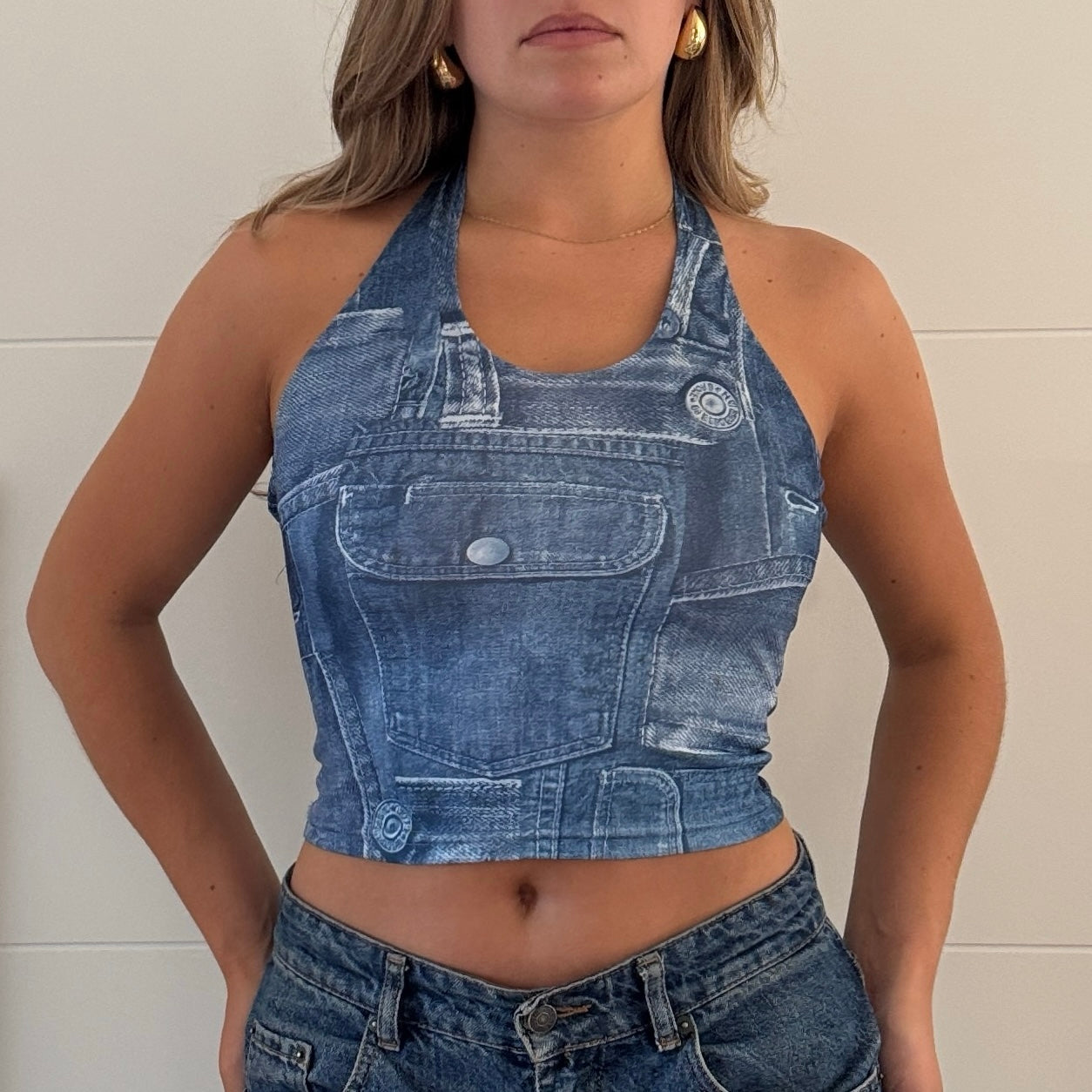 Denim print halter top - Size XS