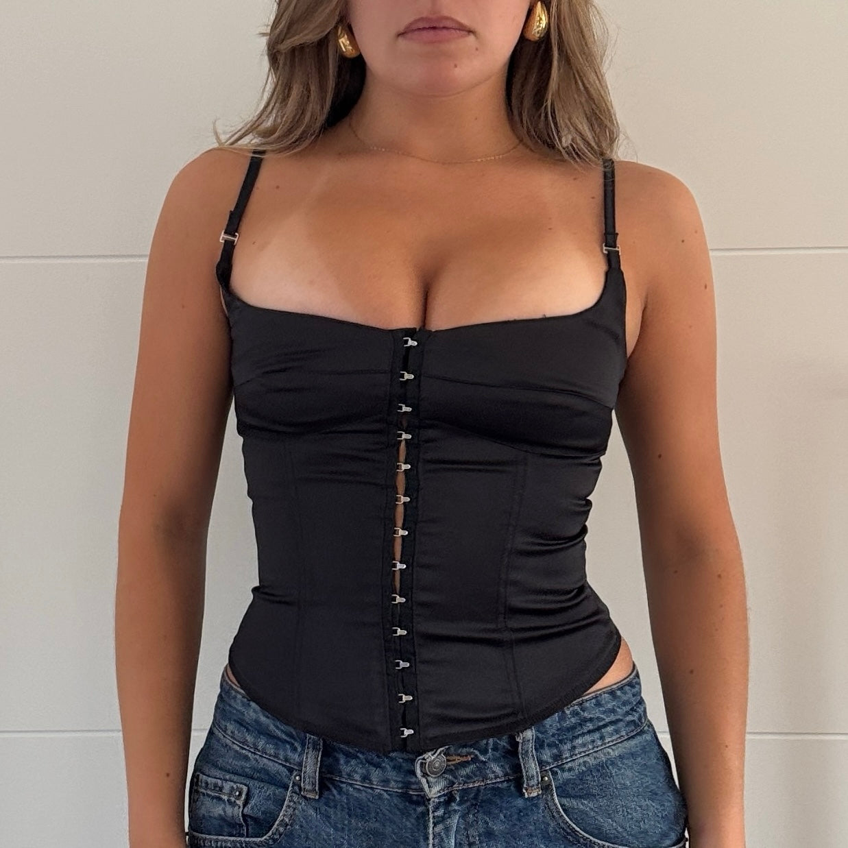 Black satin hook and eye corset - Size XS