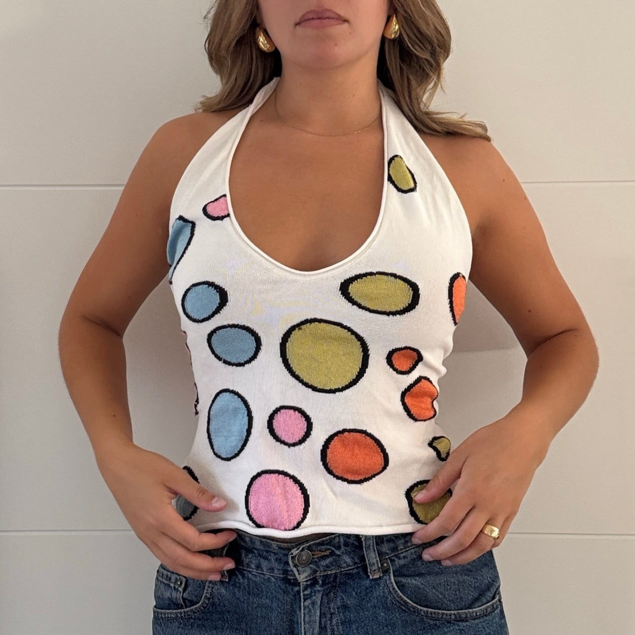 White knit polka dot top - Size S/M
