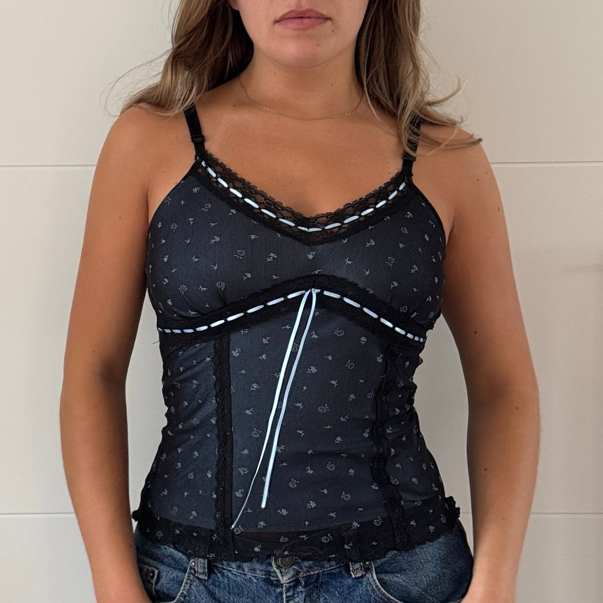 Blue floral mesh cami - Size S