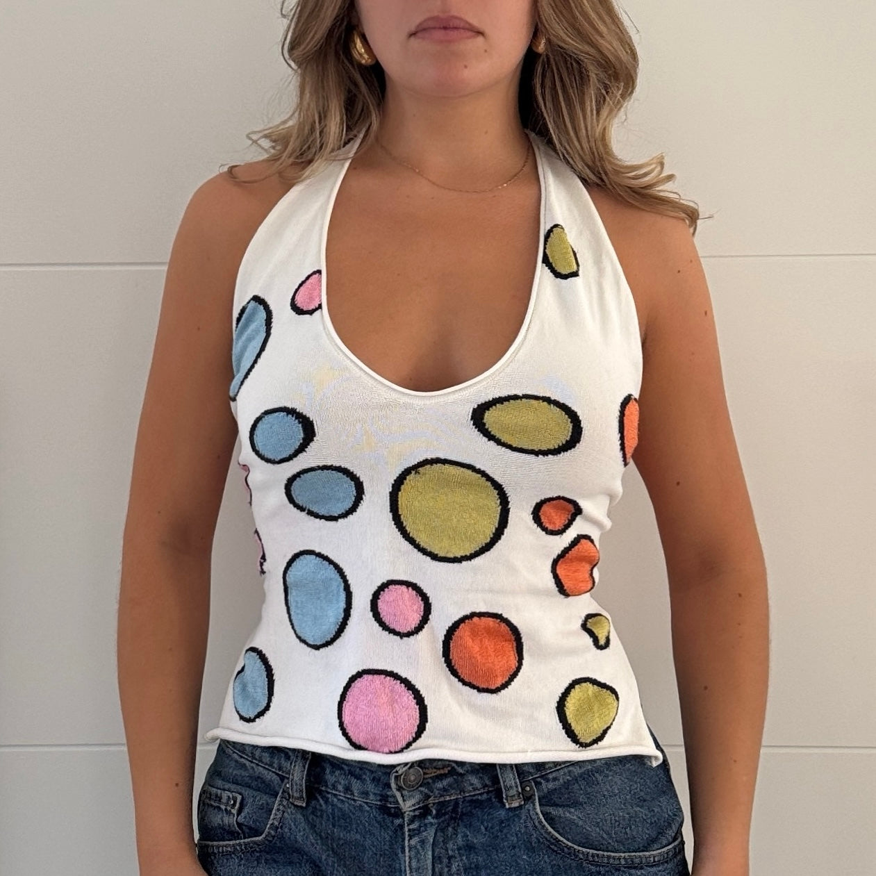 White knit polka dot top - Size S/M