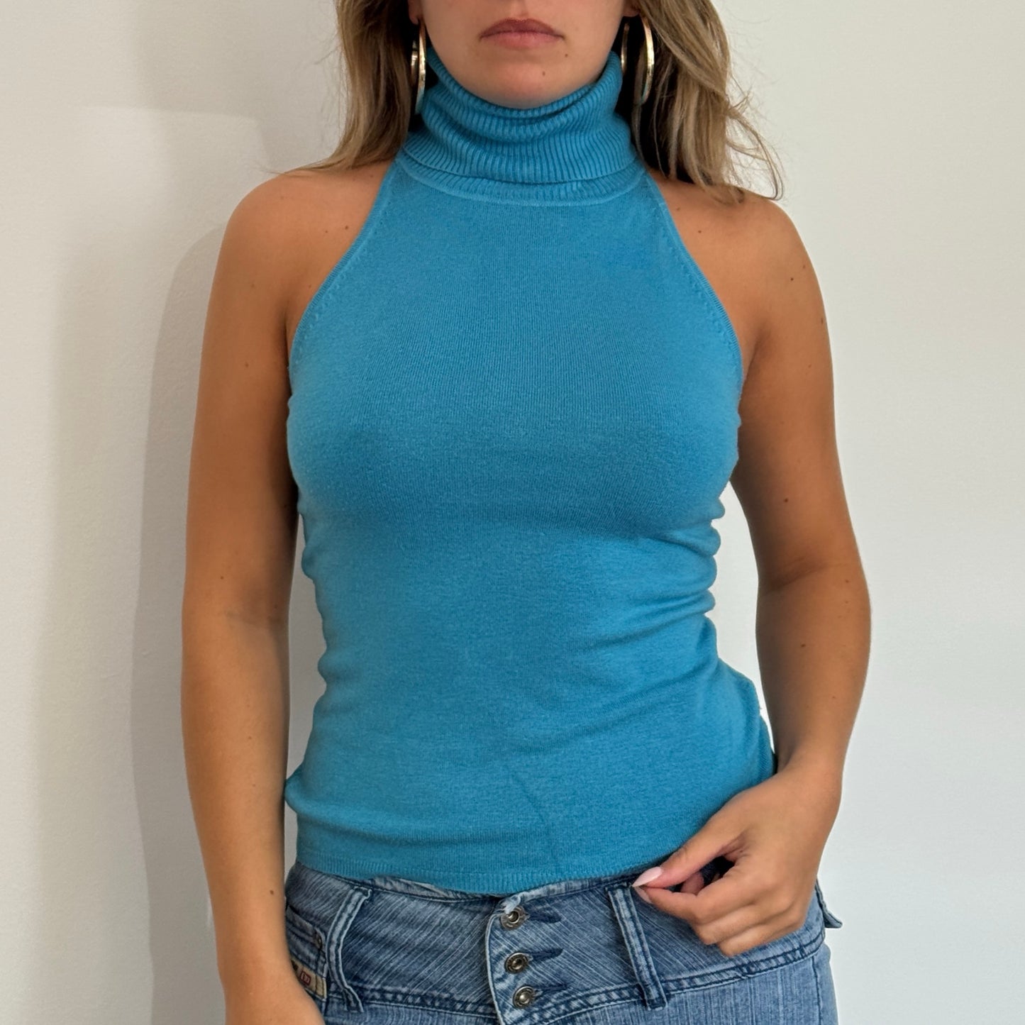 Blue knit high neck top - Size S