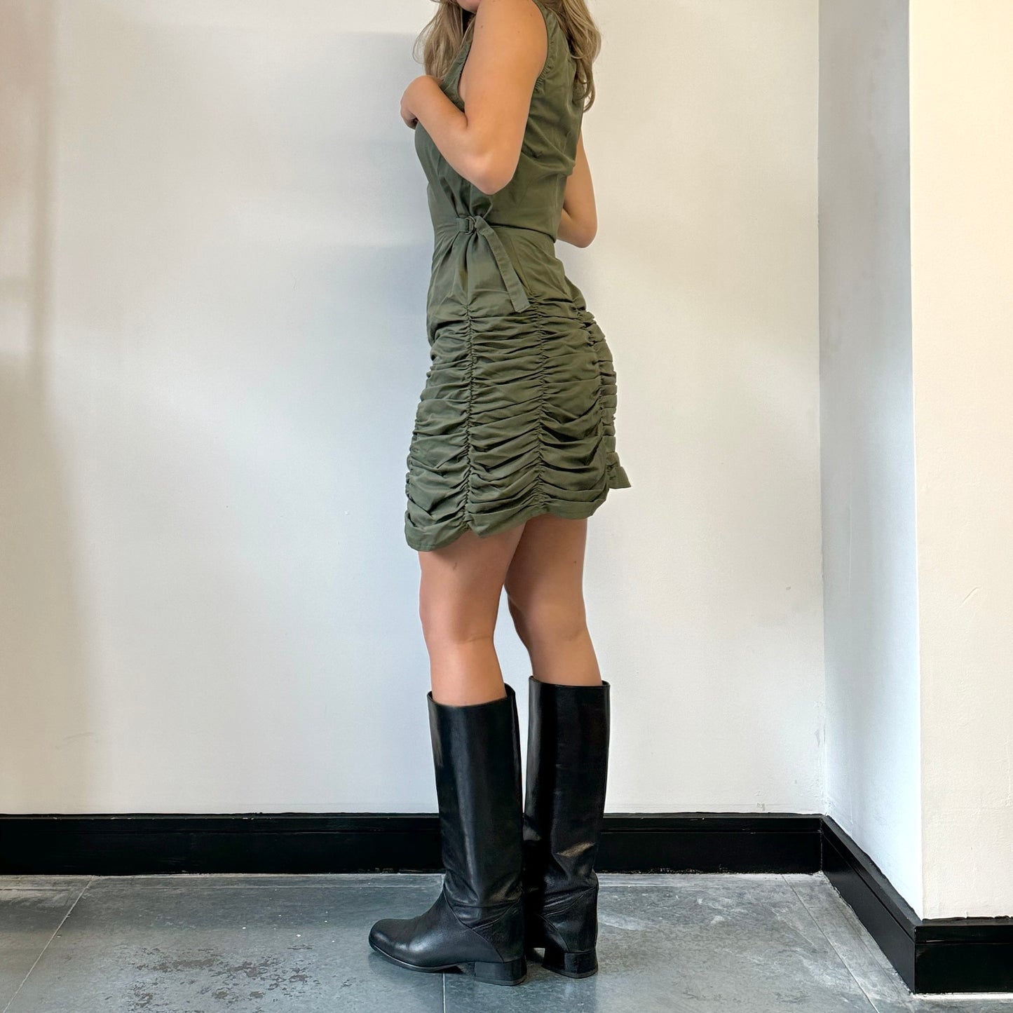 Green nylon ruched dress - Size S