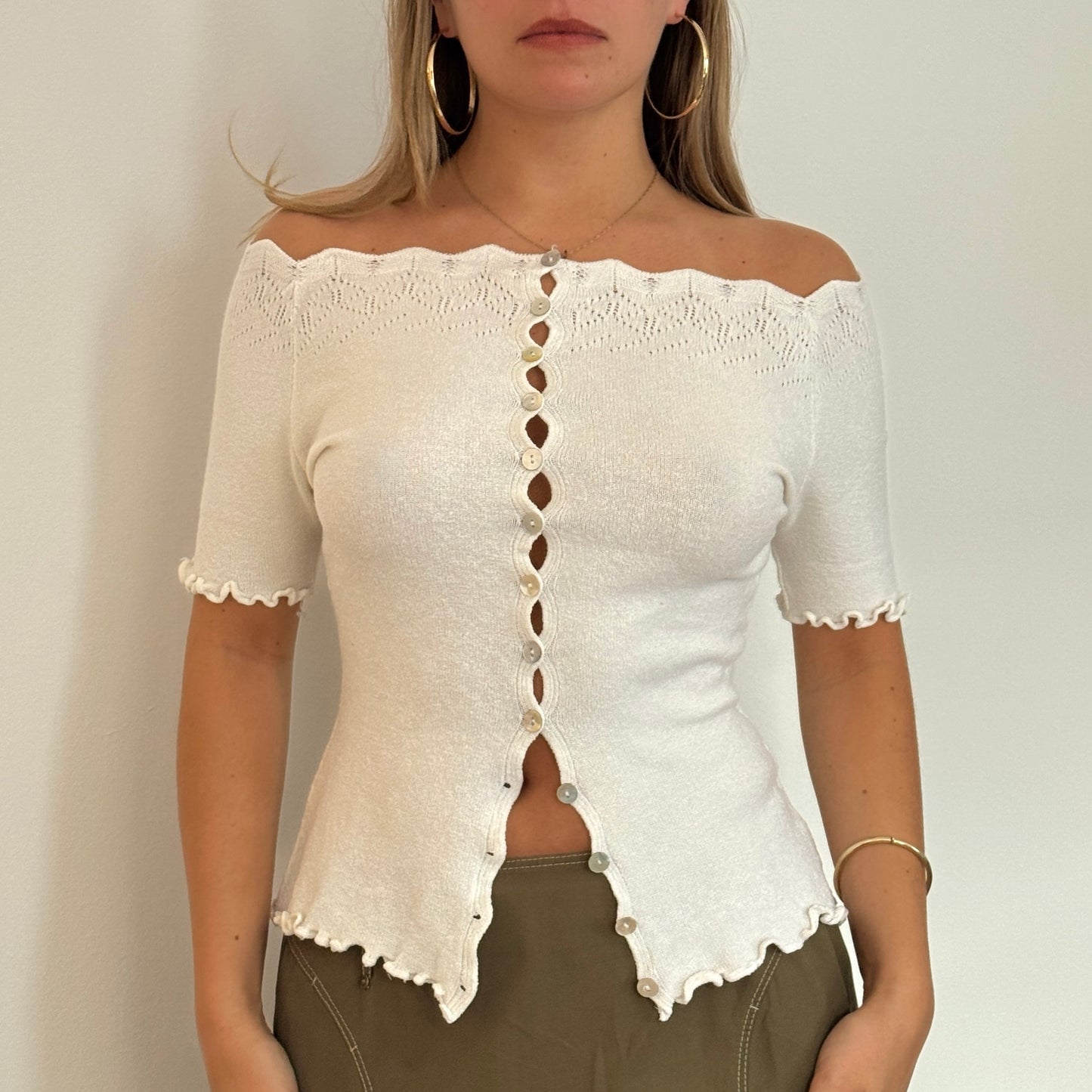 White knit pointelle button top - Size S/M
