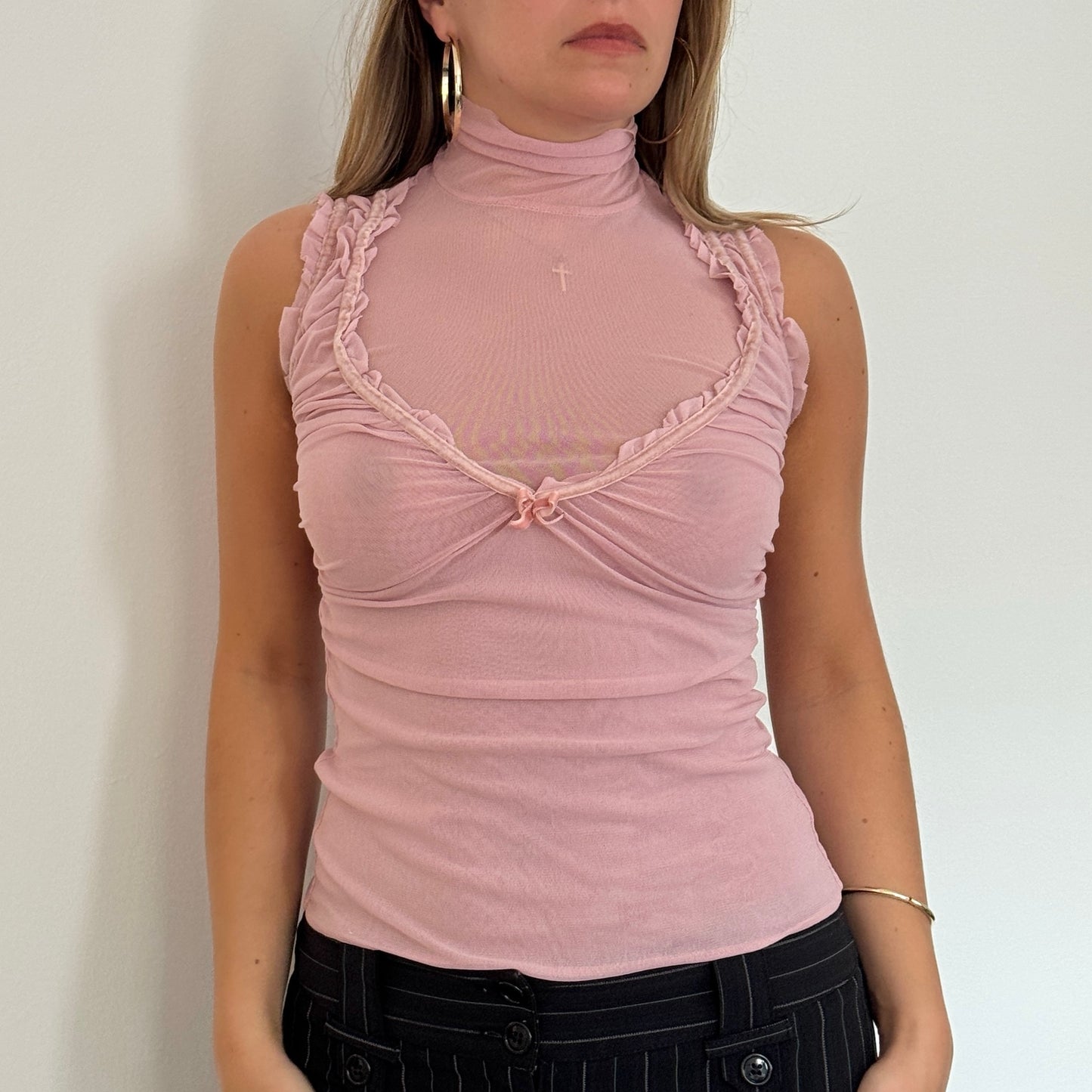 Pink mesh ruffle top - Size S