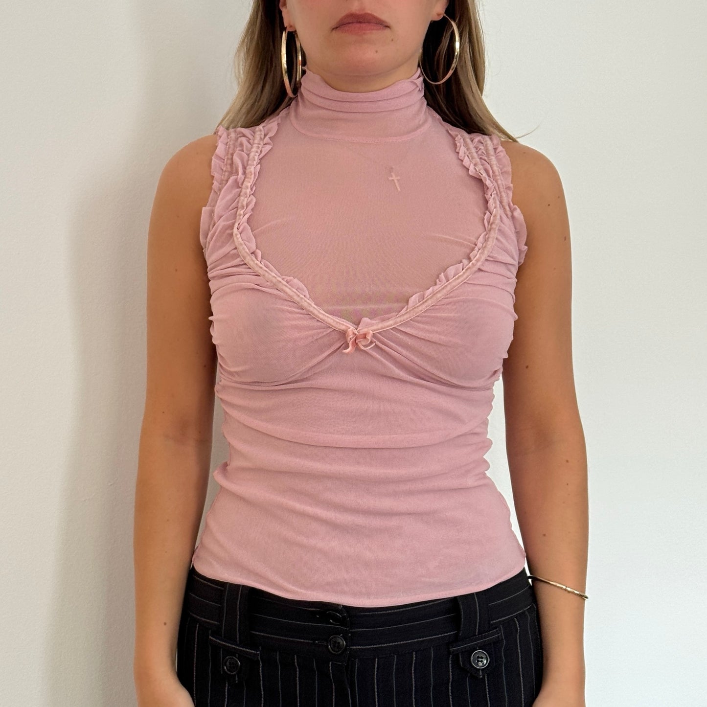 Pink mesh ruffle top - Size S