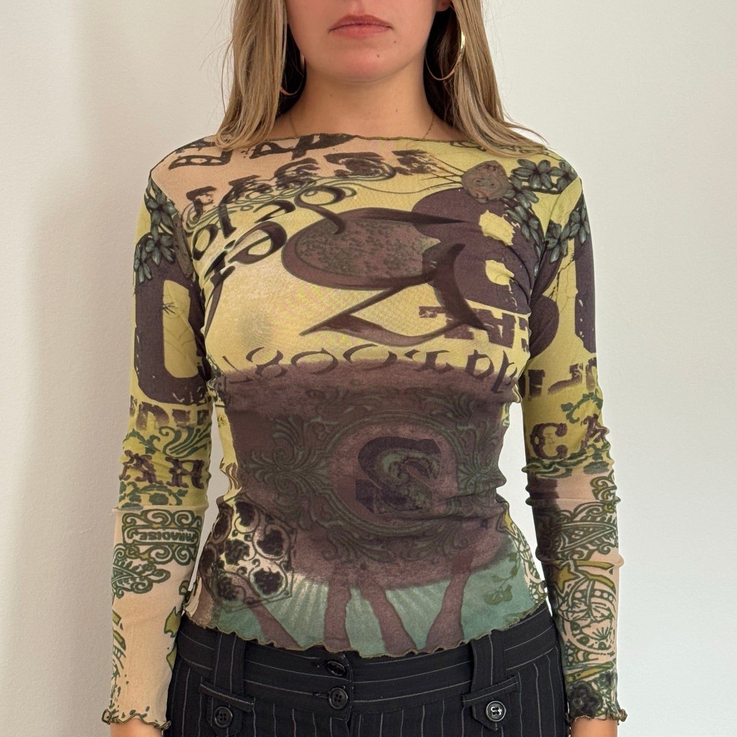 Green graphic print mesh top - Size XS/S