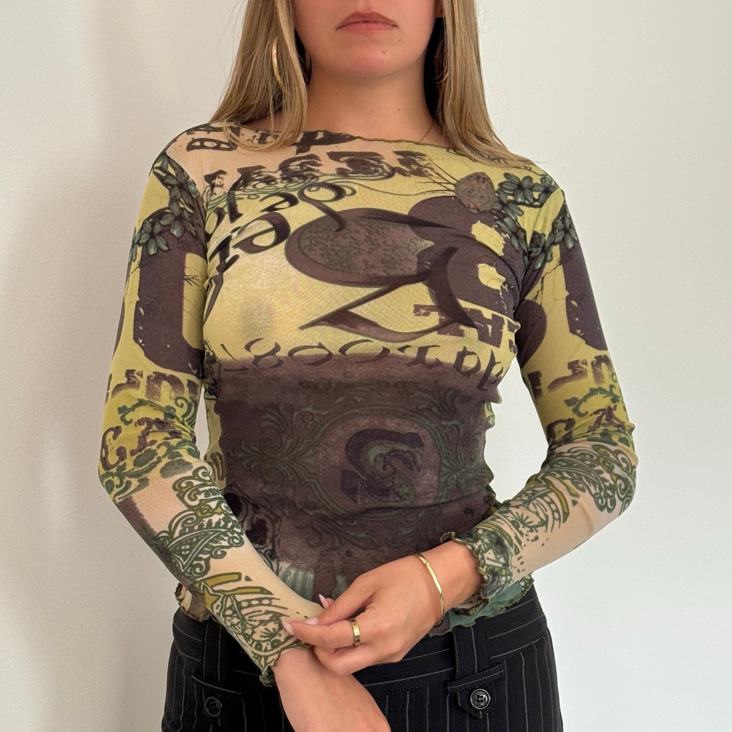 Green graphic print mesh top - Size XS/S