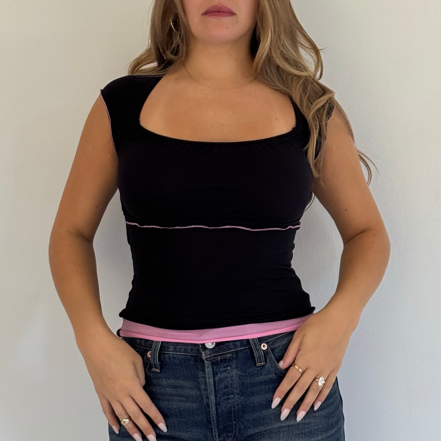 Black and pink milkmaid top - Size XS/S