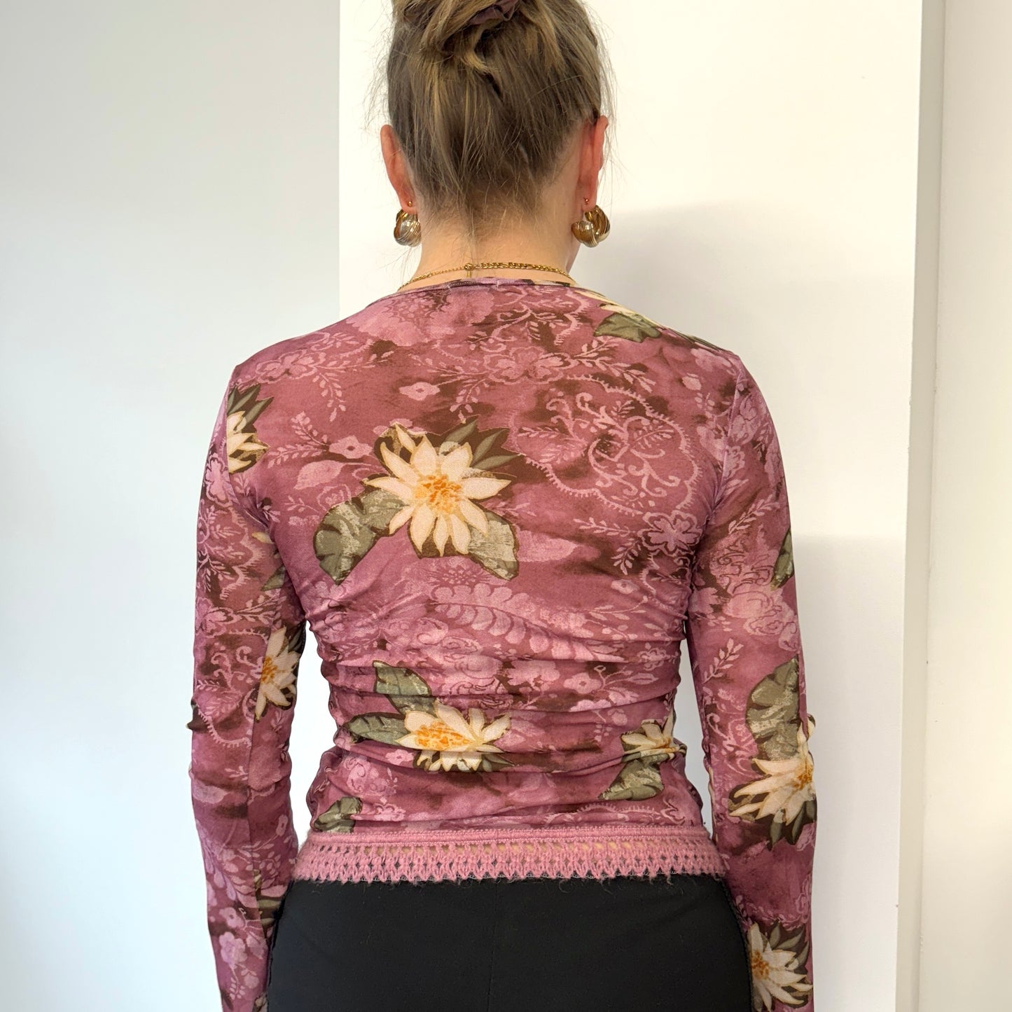 Pink long-sleeved mesh top - Size S