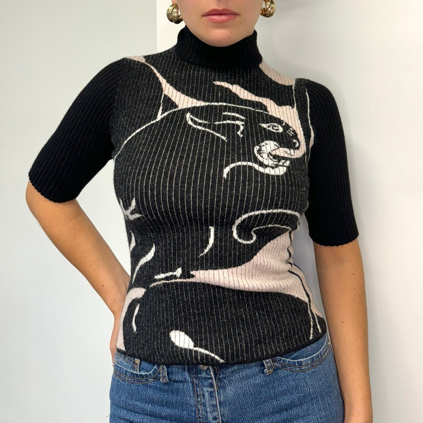 Black and white printed knit top - Size