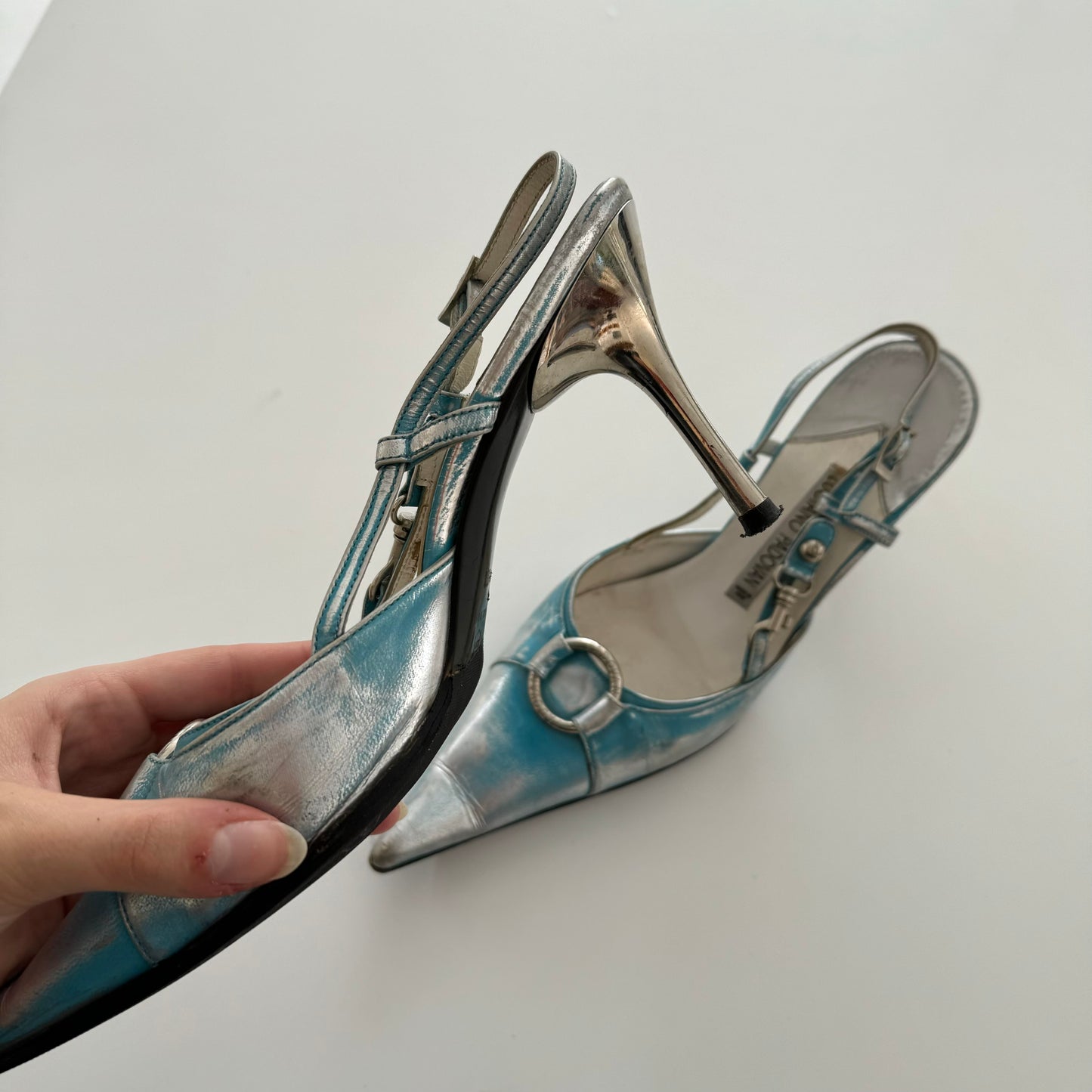 Silver/Blue distressed leather kitten heels - EU 36.5/UK 4