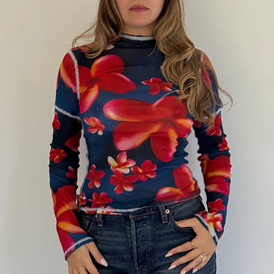 Long sleeves graphic mesh top - Size S