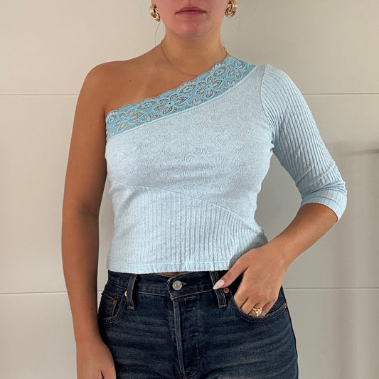 Blue knit one shoulder top - Size S
