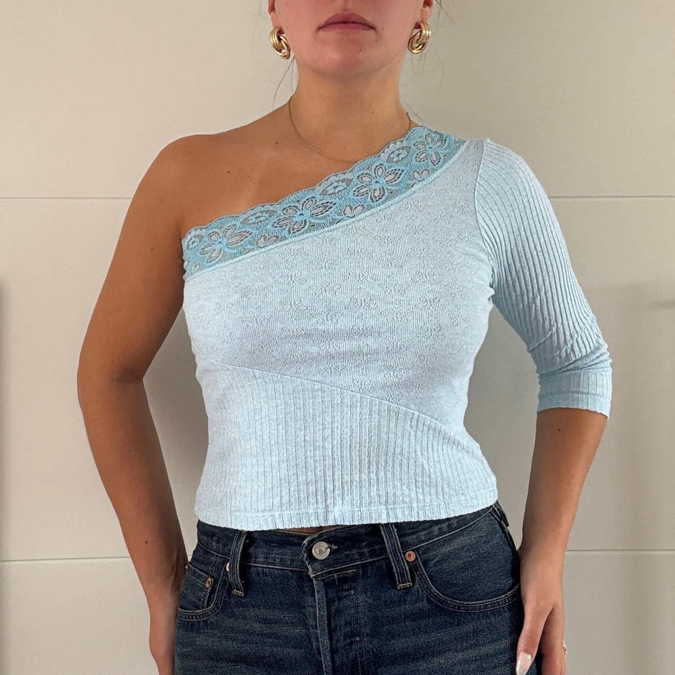 Blue knit one shoulder top - Size S