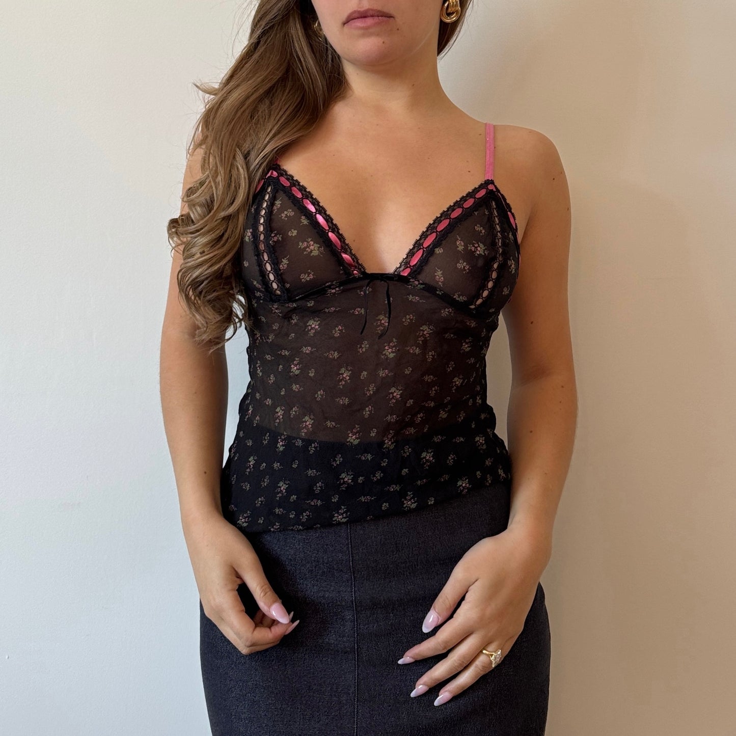 Black floral mesh cami - Size S