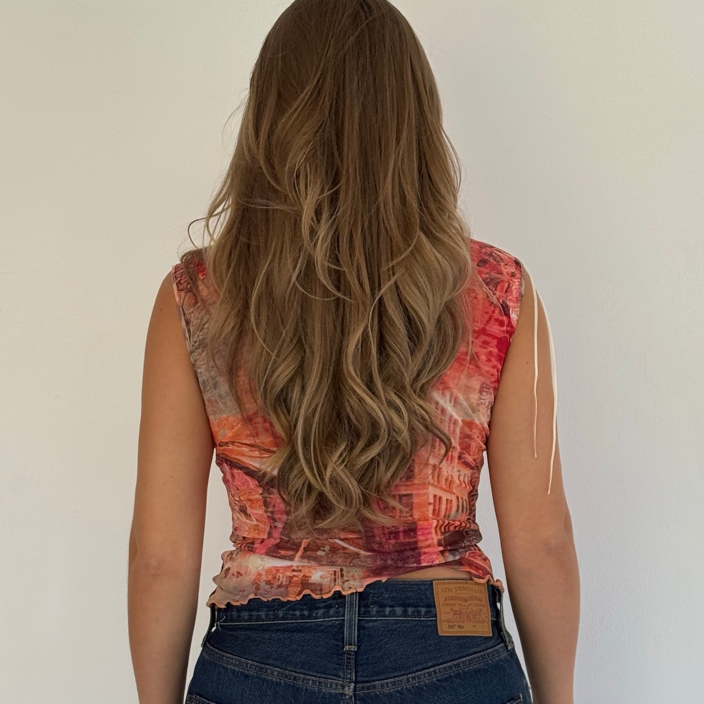 Orange graphic print mesh top - Size XS