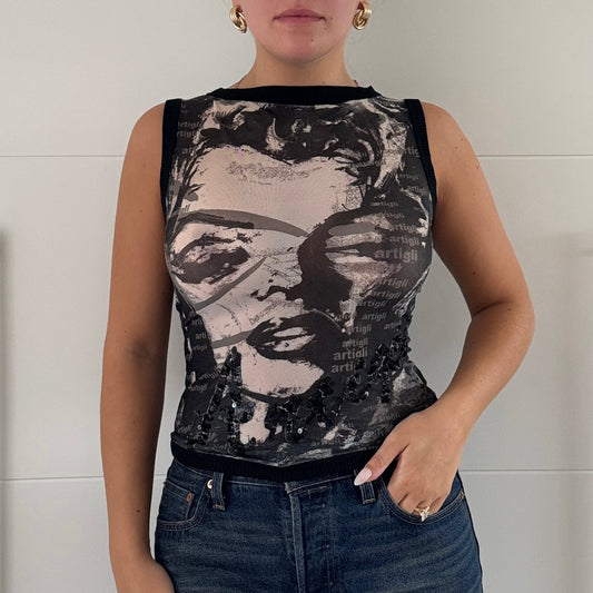 Black mesh face print top - Size S