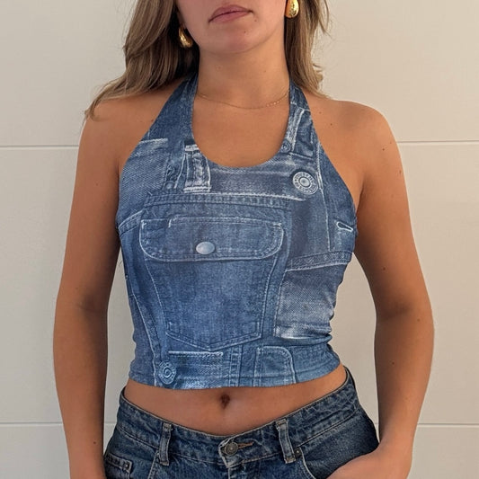 Denim print halter top - Size XS