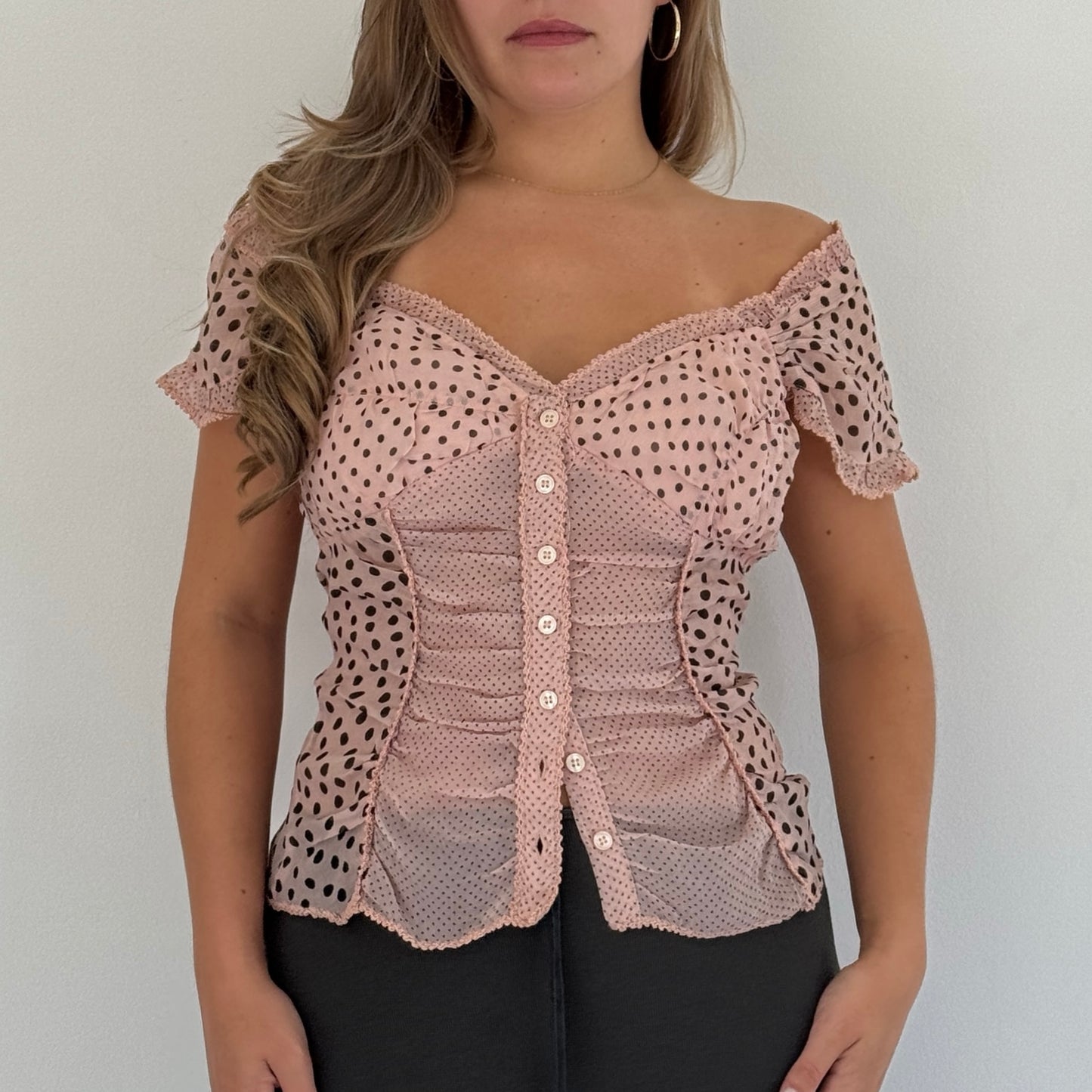 Pink polka dot mesh blouse - Size S/M