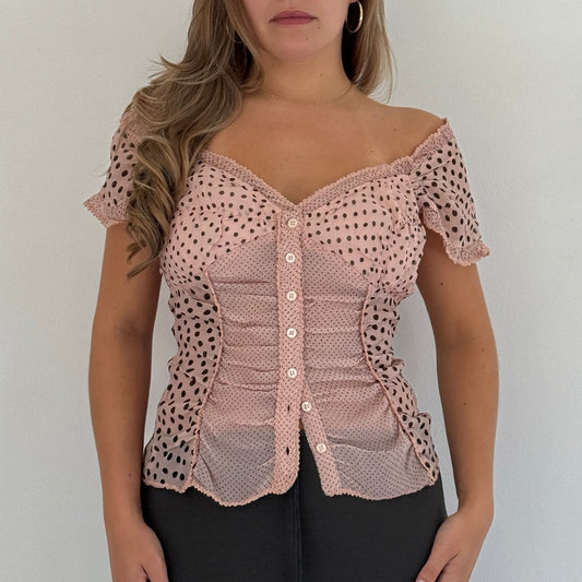 Pink polka dot mesh blouse - Size S/M