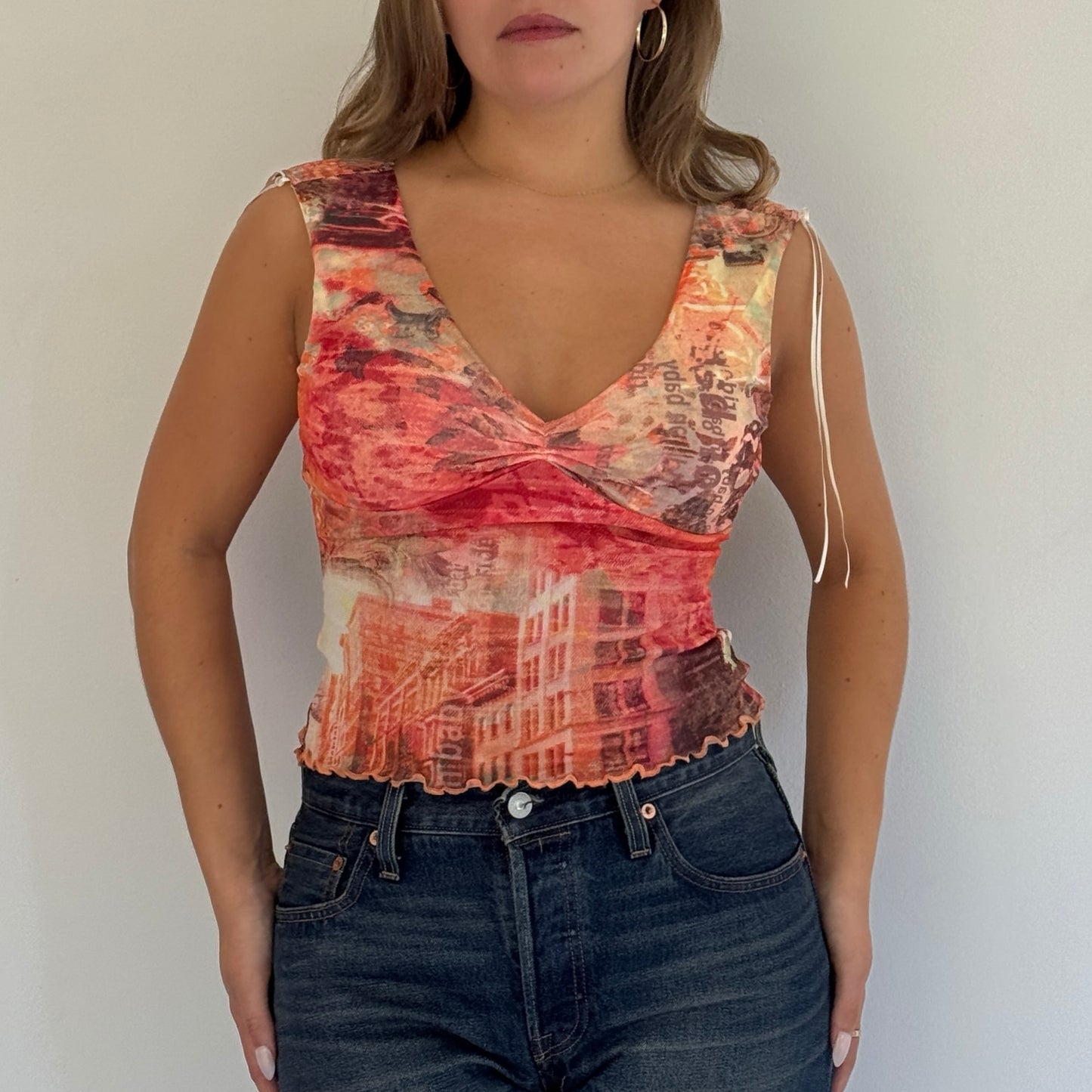 Orange graphic print mesh top - Size XS