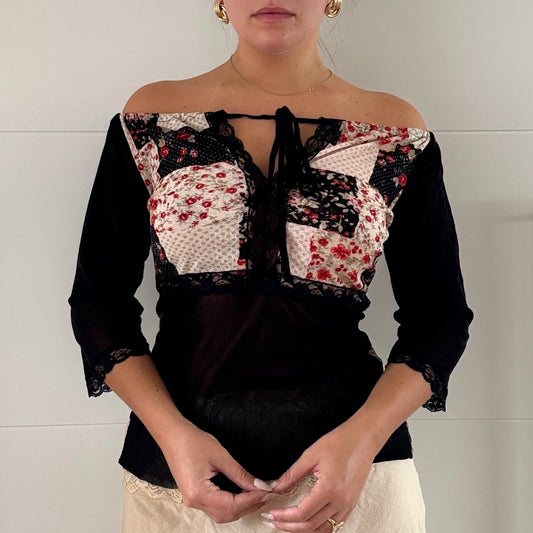 Patchwork mesh milkmaid top - Size S/M