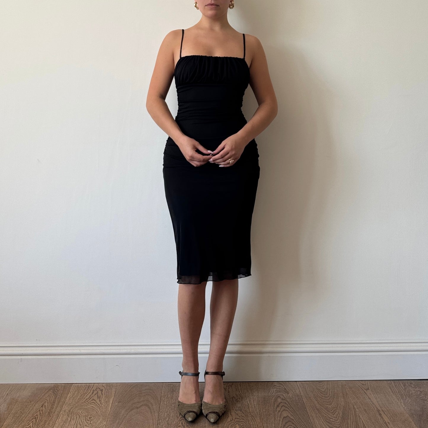 Morgan de Toi black ruched midi dress - Size S