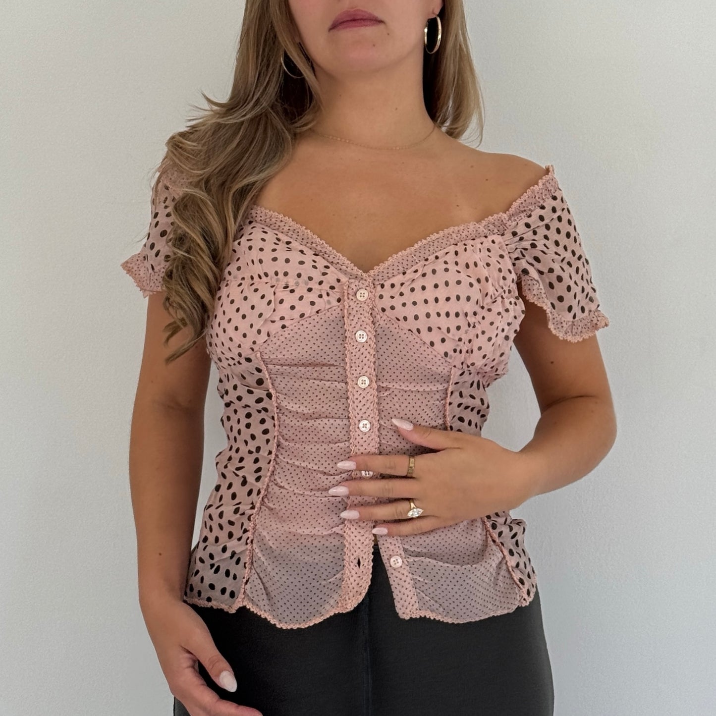 Pink polka dot mesh blouse - Size S/M