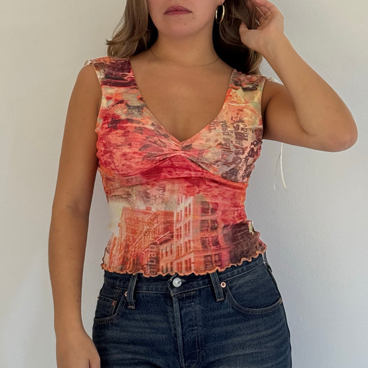 Orange graphic print mesh top - Size XS