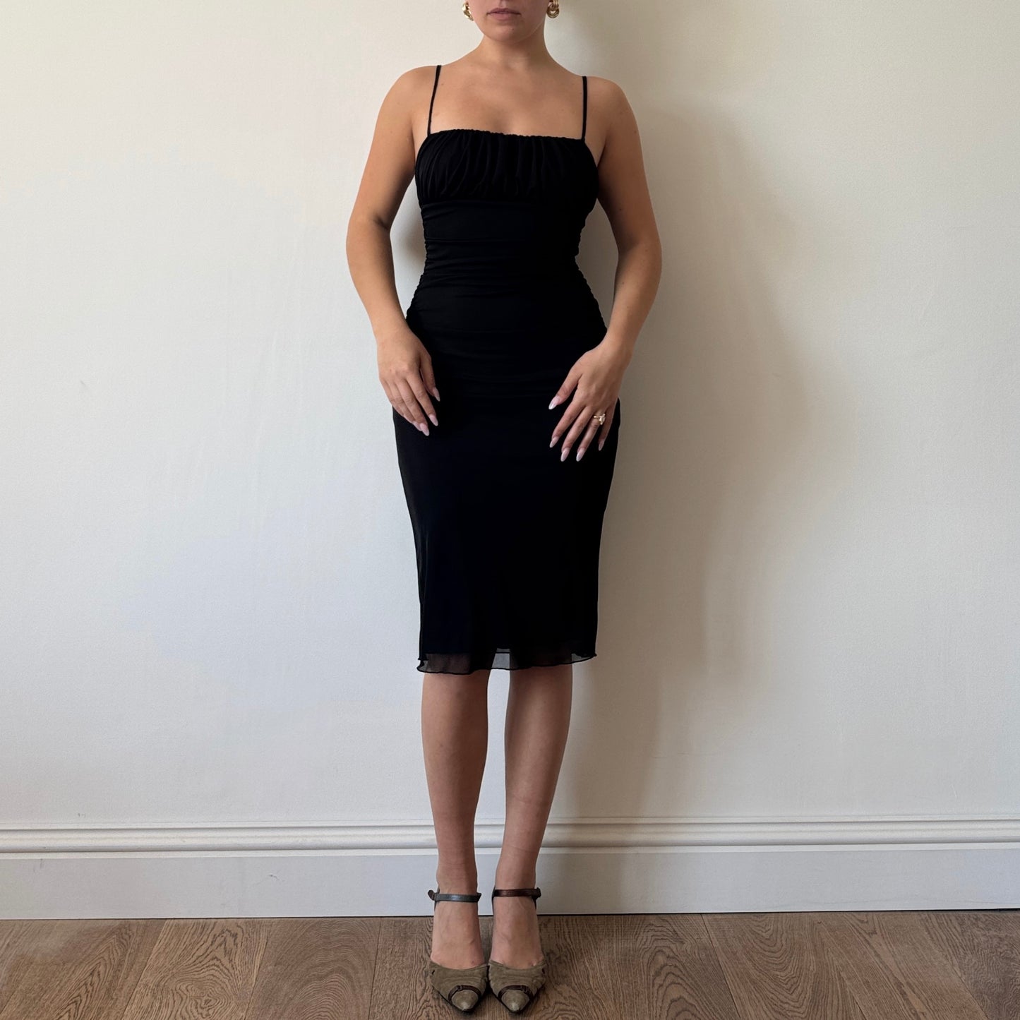 Morgan de Toi black ruched midi dress - Size S