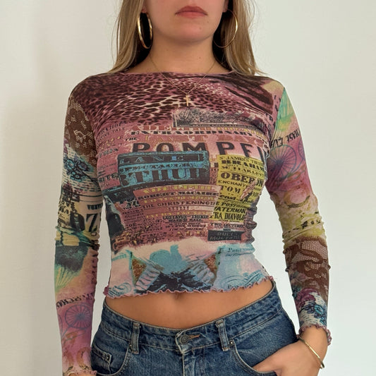 Pink graphic print mesh top - Size XS/S
