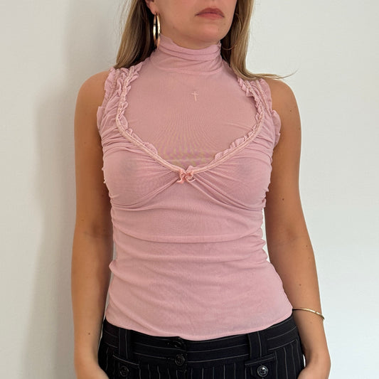 Pink mesh ruffle top - Size S