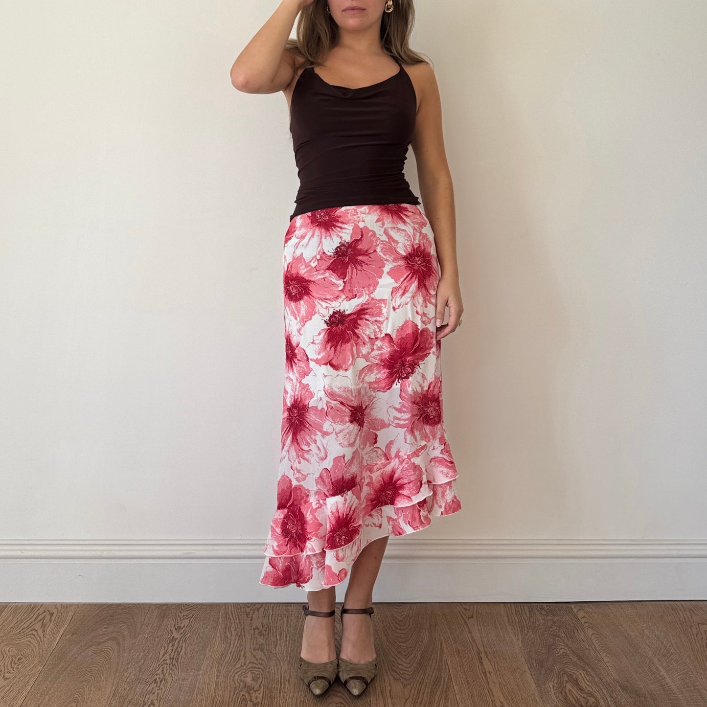 Pink and white floral midi skirt - Size S