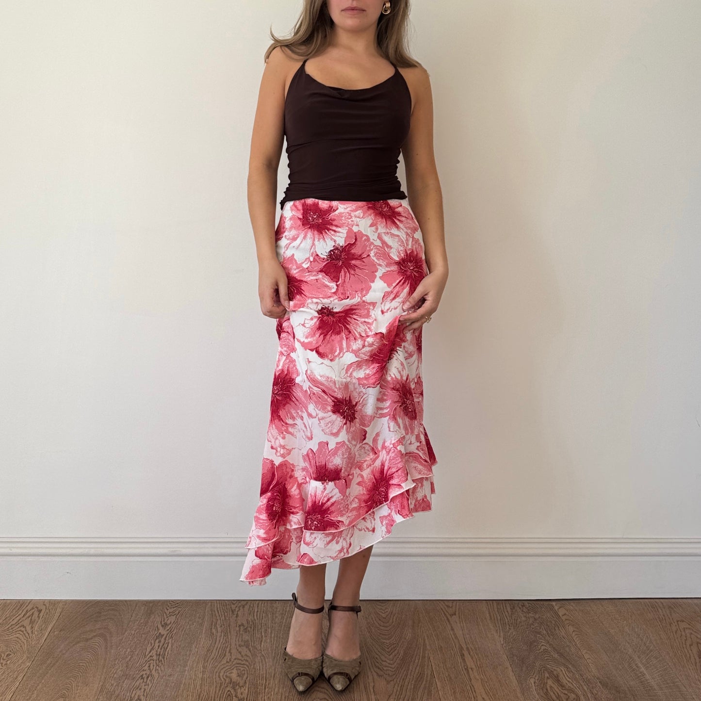 Pink and white floral midi skirt - Size S