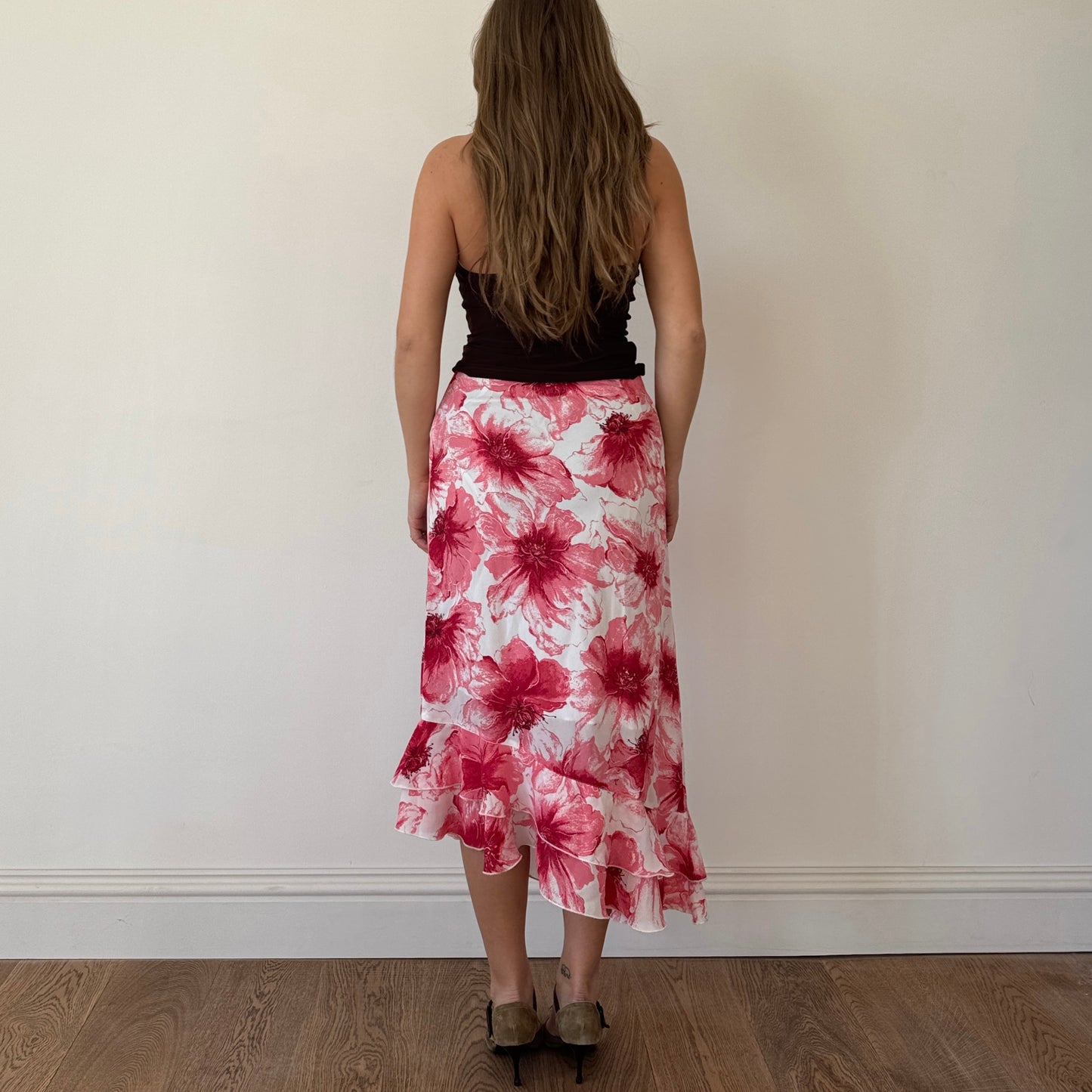 Pink and white floral midi skirt - Size S