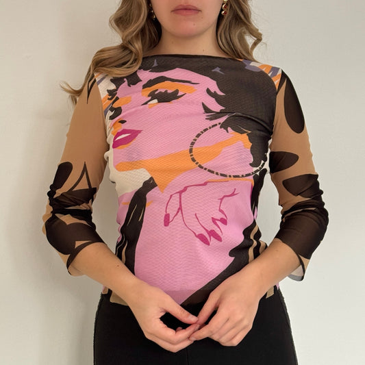 Graphic print mesh top - Size S