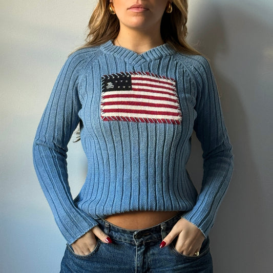 Blue ribbed knit flag jumper - Size S