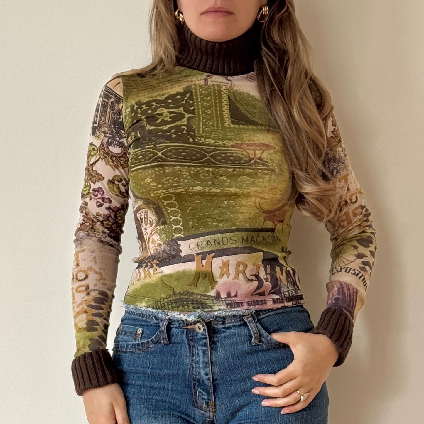 Mesh knit roll neck top - Size S
