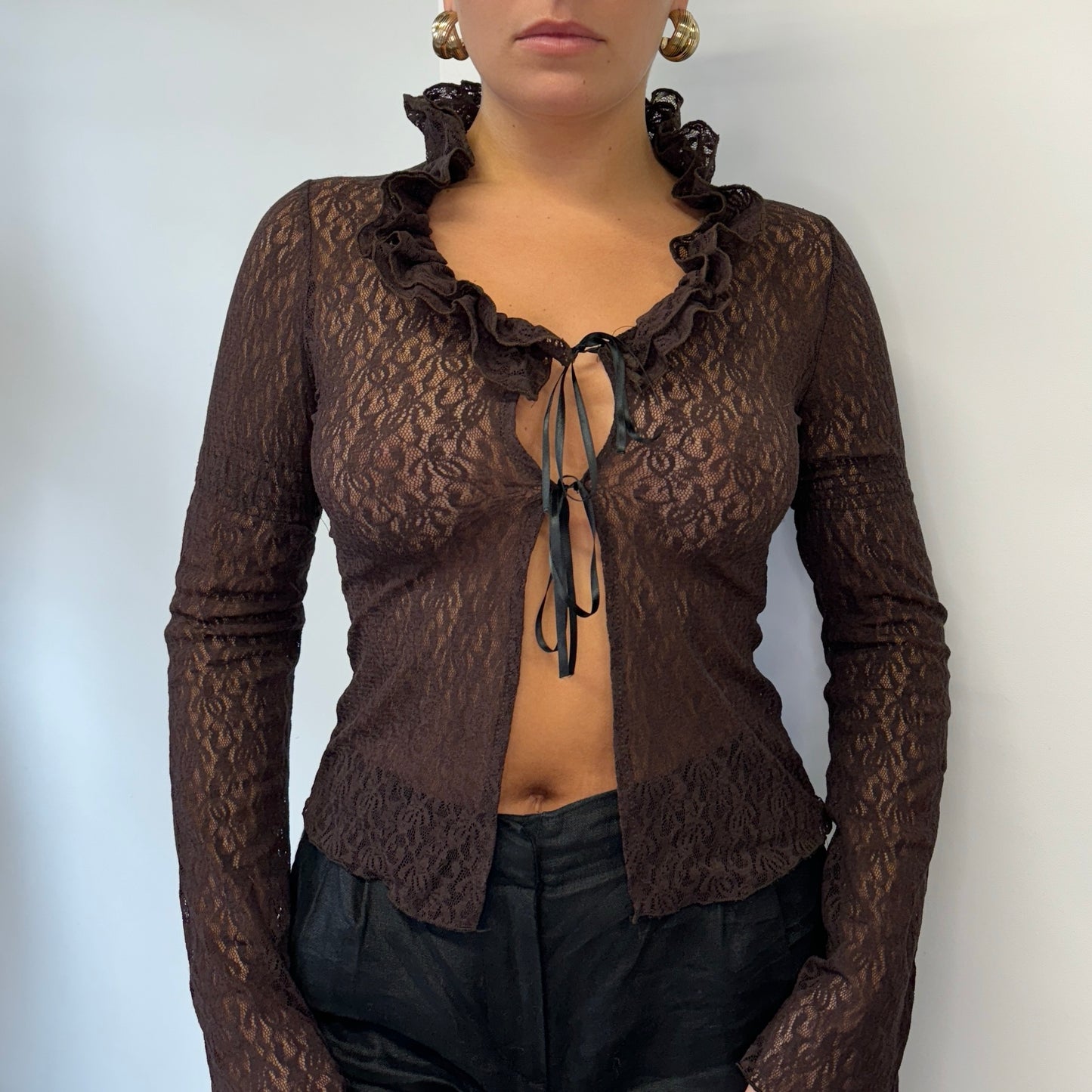 Brown lace tie-up top - Size XS/S