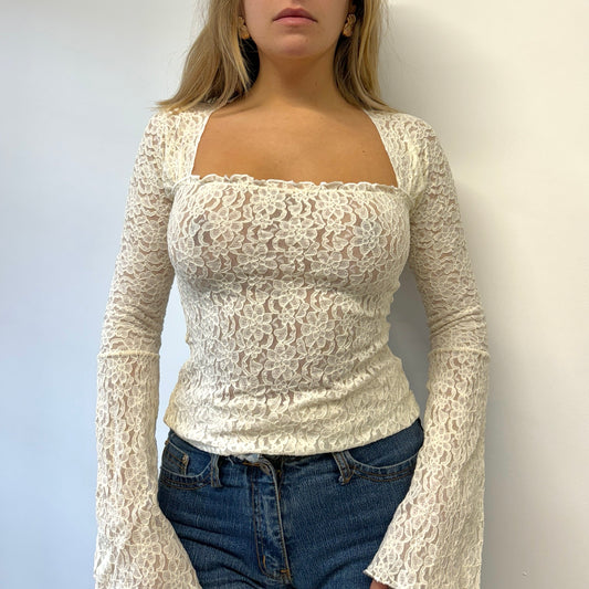 White long-sleeved lace top - Size S