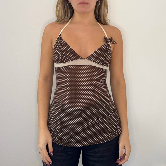 Brown and white polka dot mesh top - Size XS/S