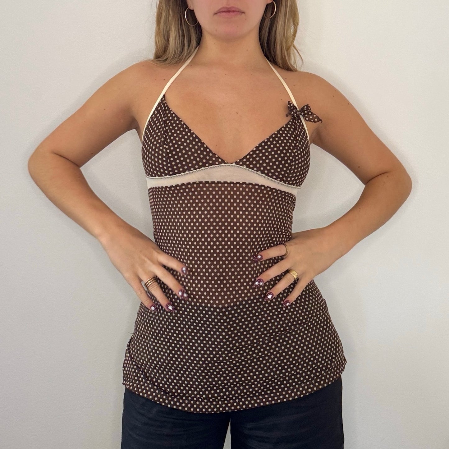 Brown and white polka dot mesh top - Size XS/S