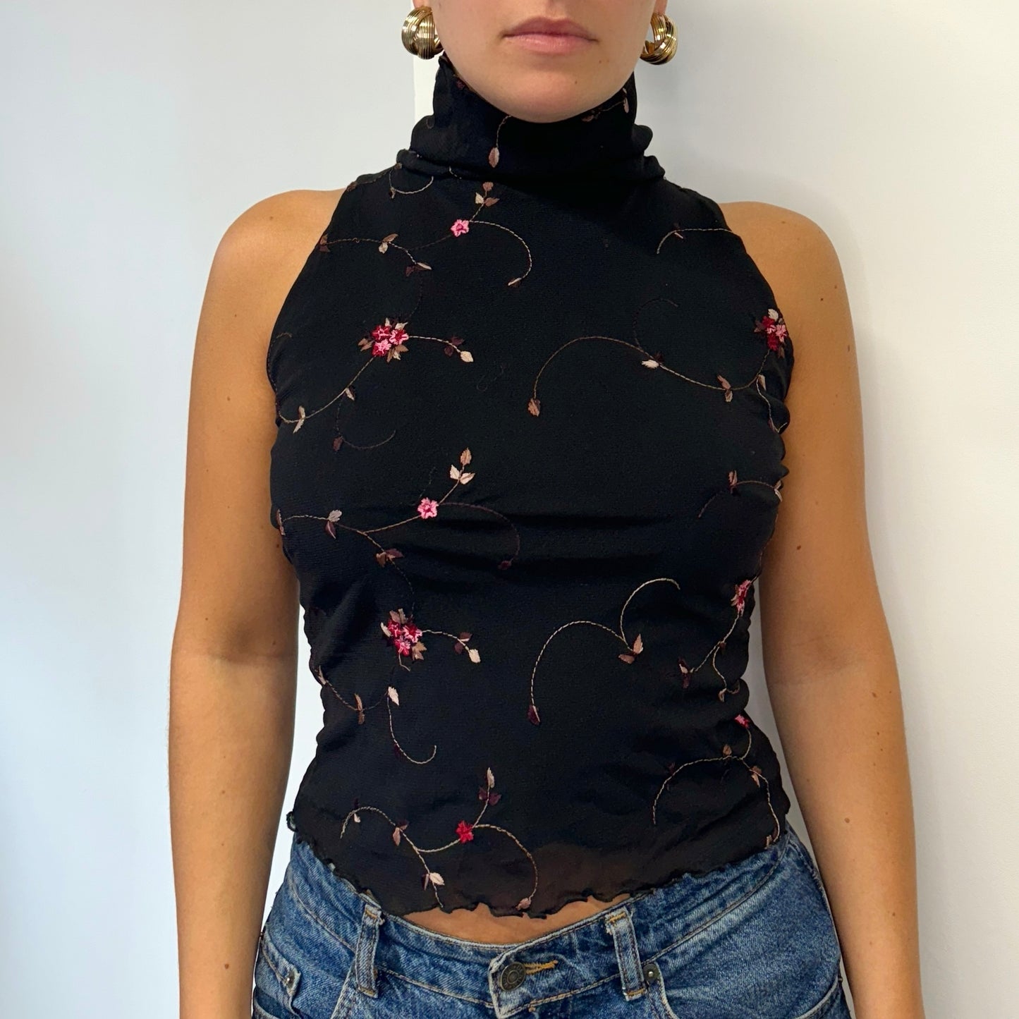 Black floral mesh top - Size S