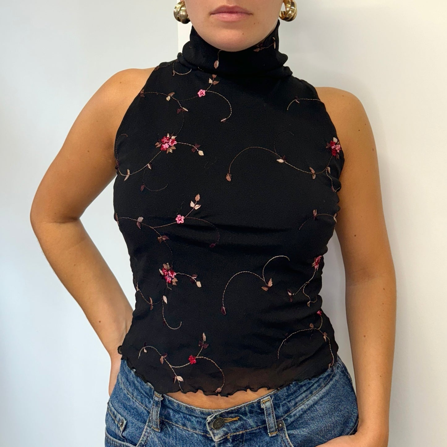 Black floral mesh top - Size S