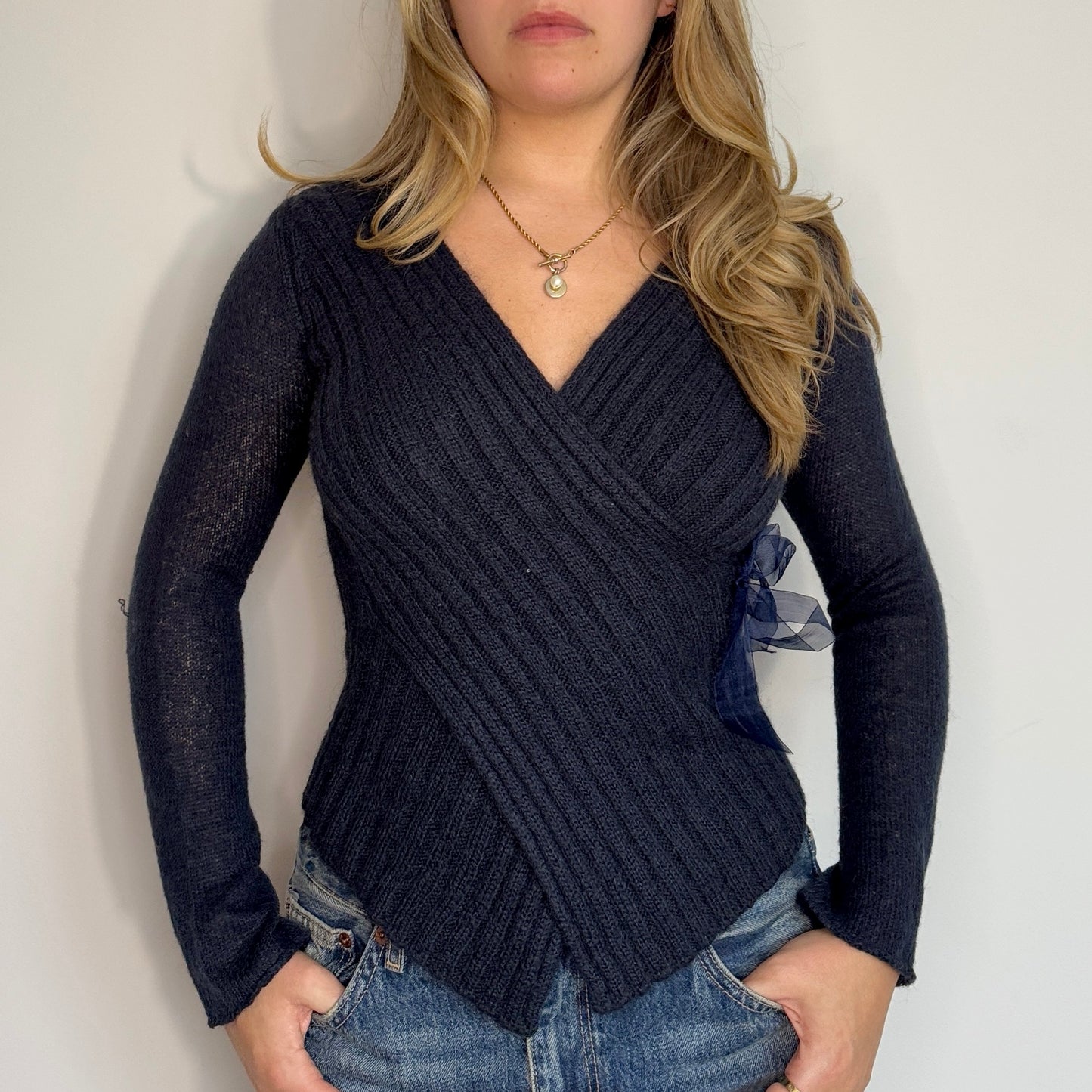 Navy knit wrapover jumper - Size S