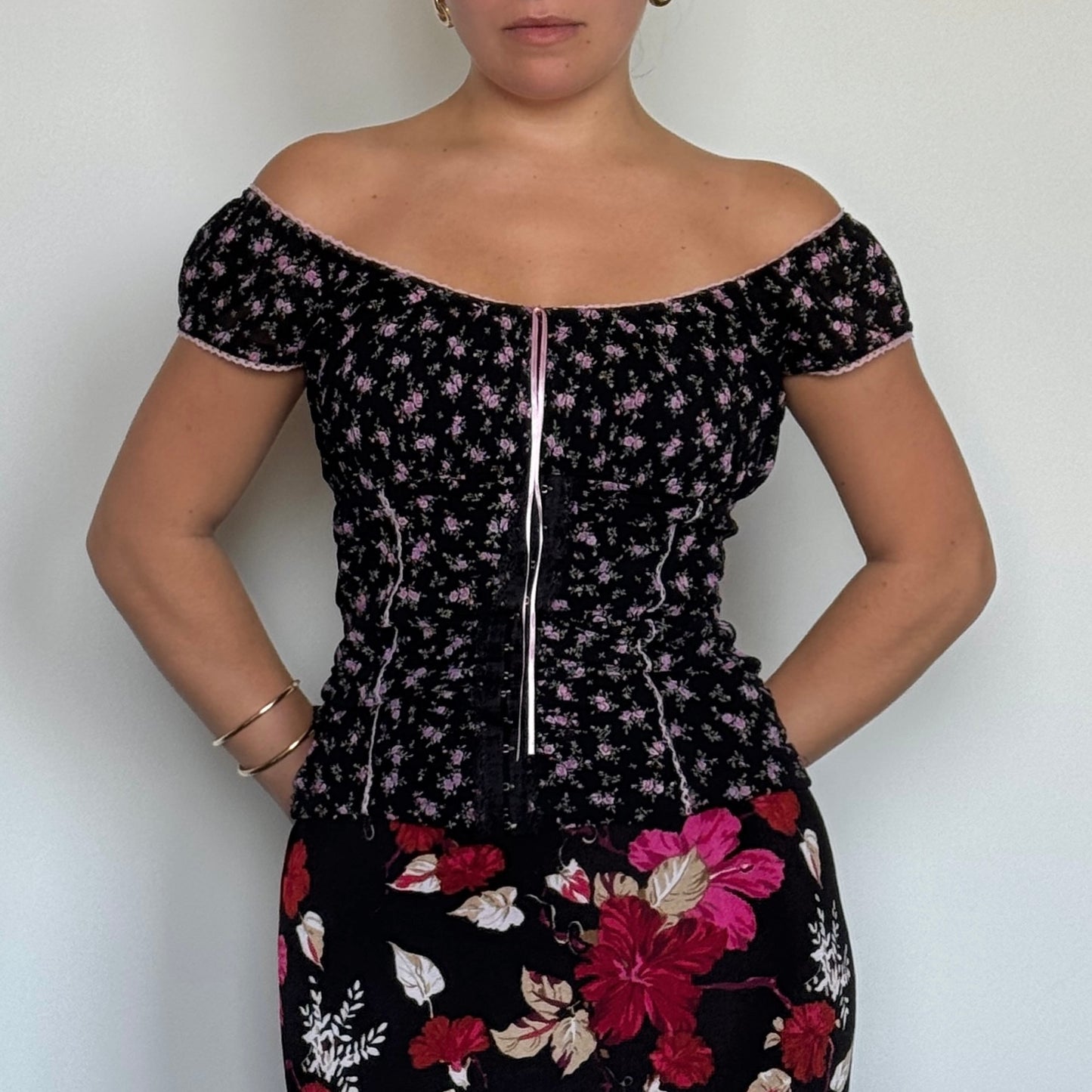 Black floral milkmaid top - Size S