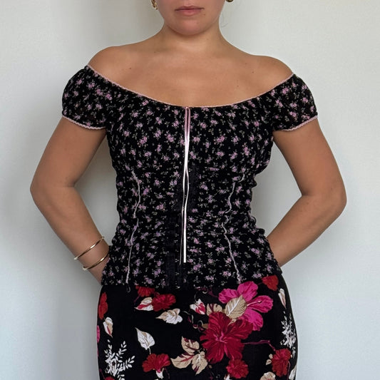 Black floral milkmaid top - Size S