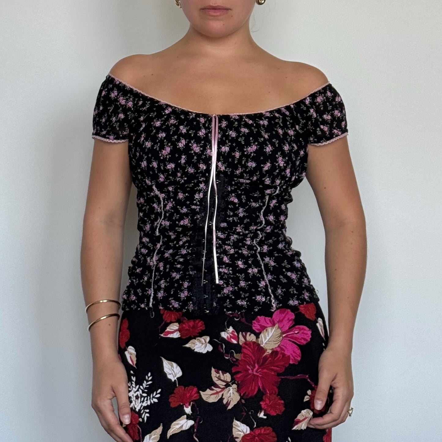 Black floral milkmaid top - Size S